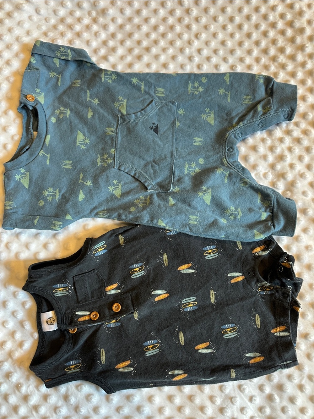 Two Baby Rompers - Blue Green & Navy Surf Print